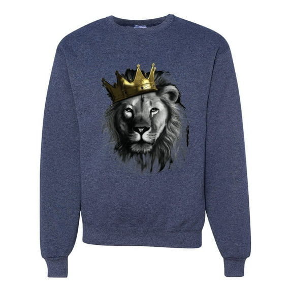 Wild Bobby, King Lion with Gold Crown Art, Animal Lover, Unisex Crewneck Graphic Sweatshirt, Vintage Heather Navy, 3X-Large