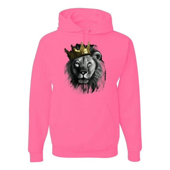 Wild Bobby, King Lion with Gold Crown Art, Animal Lover, Unisex Graphic Hoodie Sweatshirt, Neon Pink, 3X-Large