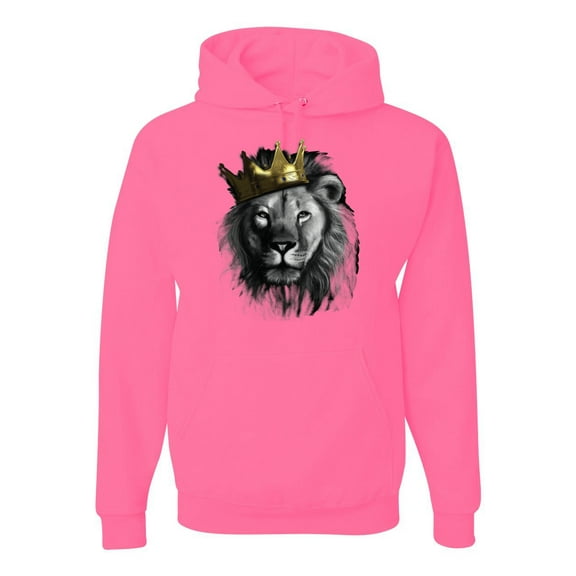 Wild Bobby, King Lion with Gold Crown Art, Animal Lover, Unisex Graphic Hoodie Sweatshirt, Neon Pink, Medium