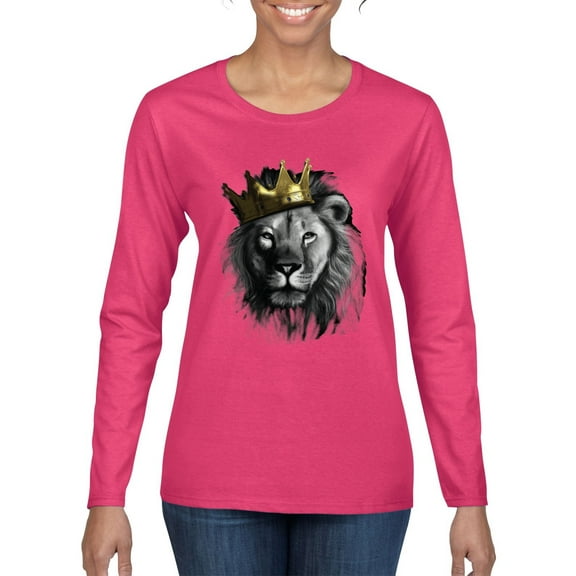 Wild Bobby, King Lion with Gold Crown Art, Animal Lover, Women Graphic Long Sleeve Tee, Fuschia, Medium