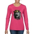 thumbnail image 1 of Wild Bobby, King Lion with Gold Crown Art, Animal Lover, Women Graphic Long Sleeve Tee, Fuschia, Small, 1 of 4