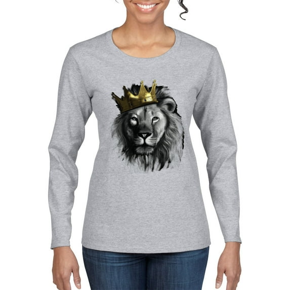 Wild Bobby, King Lion with Gold Crown Art, Animal Lover, Women Graphic Long Sleeve Tee, Heather Grey, X-Large