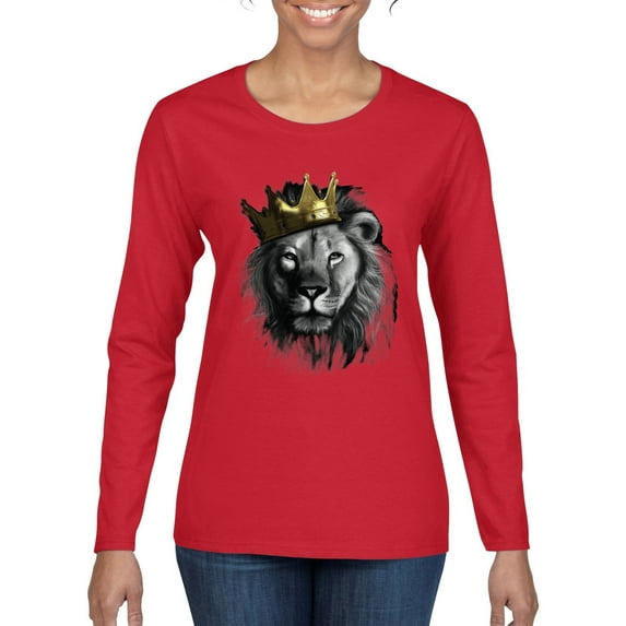 Wild Bobby, King Lion with Gold Crown Art, Animal Lover, Women Graphic Long Sleeve Tee, Red, Small