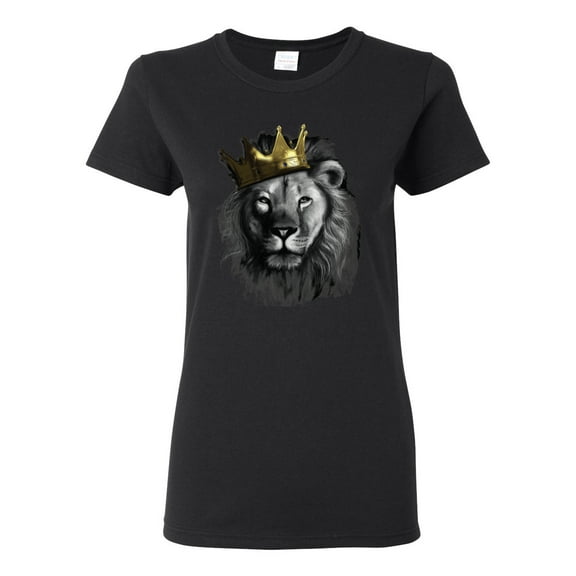 Wild Bobby, King Lion with Gold Crown Art, Animal Lover, Women Graphic Tee, Black, Small
