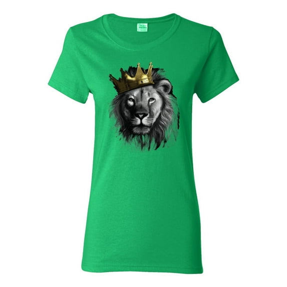 Wild Bobby, King Lion with Gold Crown Art, Animal Lover, Women Graphic Tee, Kelly, Small