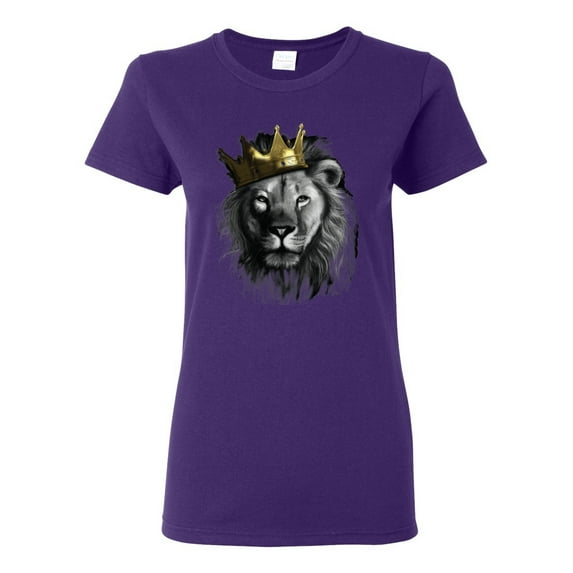 Wild Bobby, King Lion with Gold Crown Art, Animal Lover, Women Graphic Tee, Purple, Small