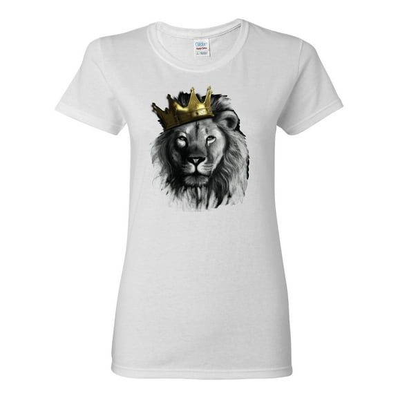 Wild Bobby, King Lion with Gold Crown Art, Animal Lover, Women Graphic Tee, White, X-Large