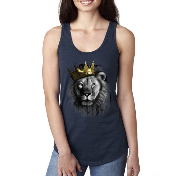 Wild Bobby, King Lion with Gold Crown Art, Animal Lover, Women Racerback Tank Top, Navy, Large