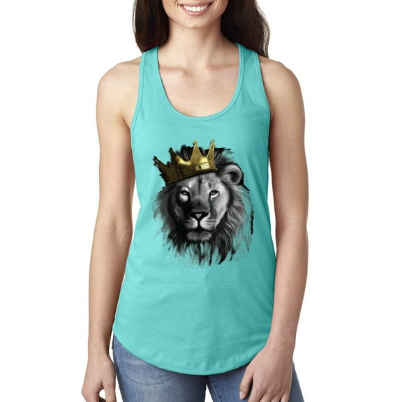 Wild Bobby, King Lion with Gold Crown Art, Animal Lover, Women Racerback Tank Top, Tahiti Blue, Medium