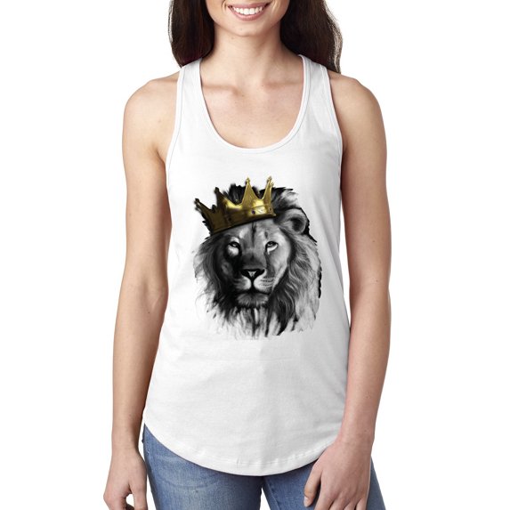 Wild Bobby, King Lion with Gold Crown Art, Animal Lover, Women Racerback Tank Top, White, X-Large