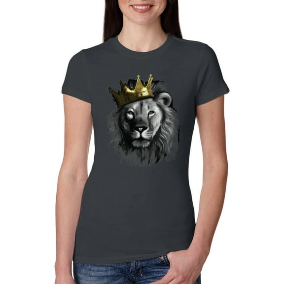 Wild Bobby, King Lion with Gold Crown Art, Animal Lover, Women Slim Fit Junior Tee, Dark Grey, Small