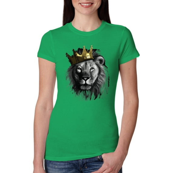 Wild Bobby, King Lion with Gold Crown Art, Animal Lover, Women Slim Fit Junior Tee, Kelly, Large