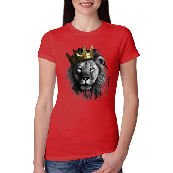 Wild Bobby, King Lion with Gold Crown Art, Animal Lover, Women Slim Fit Junior Tee, Red, X-Large