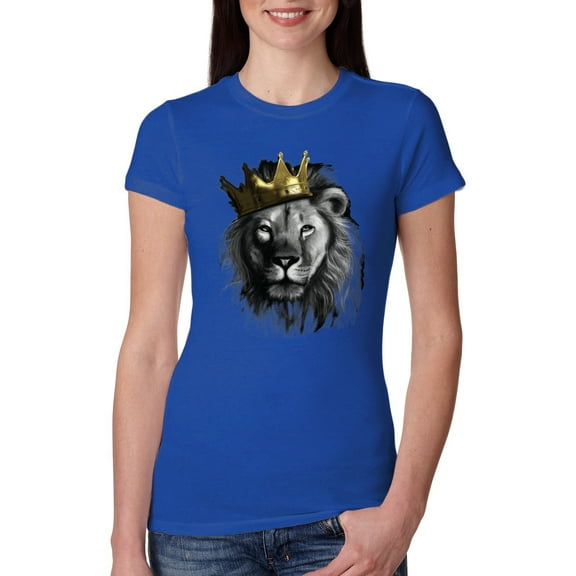 Wild Bobby, King Lion with Gold Crown Art, Animal Lover, Women Slim Fit Junior Tee, Royal, Medium