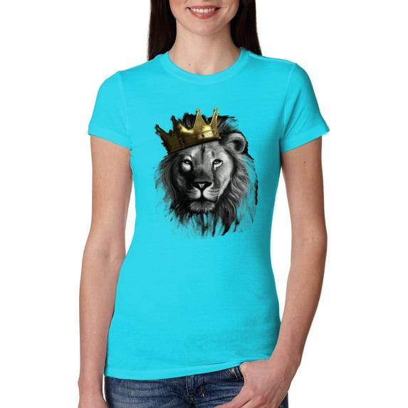Wild Bobby, King Lion with Gold Crown Art, Animal Lover, Women Slim Fit Junior Tee, Tahiti Blue, Large