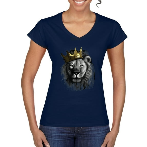 Wild Bobby, King Lion with Gold Crown Art, Animal Lover, Women Standard V-Neck Tee, Navy, Medium