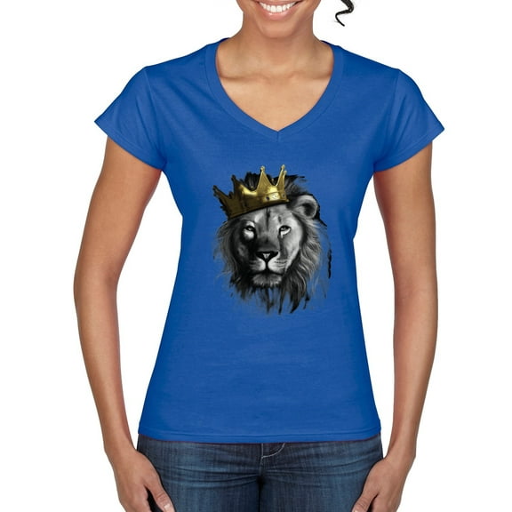 Wild Bobby, King Lion with Gold Crown Art, Animal Lover, Women Standard V-Neck Tee, Royal, X-Large