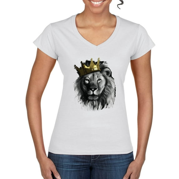 Wild Bobby, King Lion with Gold Crown Art, Animal Lover, Women Standard V-Neck Tee, White, Small