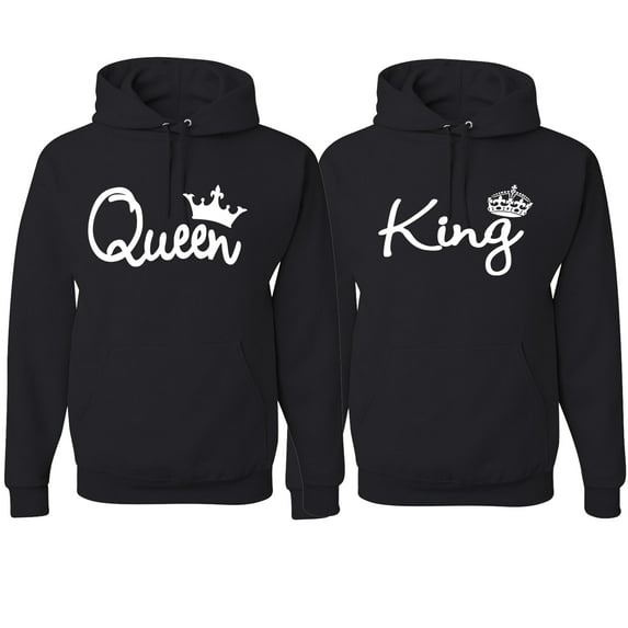 Wild Bobby, King Queen Classic Script Love Cute Wife Husband Gift His and Hers Matching Couples Hoodie Sweatshirts Set , Black, Mens S-Womens L