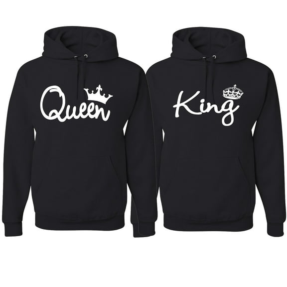 Wild Bobby, King Queen Classic Script Love Cute Wife Husband Gift His and Hers Matching Couples Hoodie Sweatshirts Set , Black, Mens S-Womens S