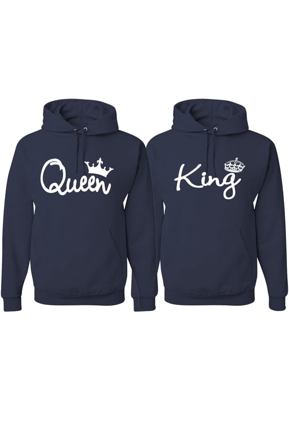 , King Queen Classic Script Love Cute Wife Husband Gift His and Hers Matching Couples Hoodie Sweatshirts Set , Navy, Mens 3XL-Womens L