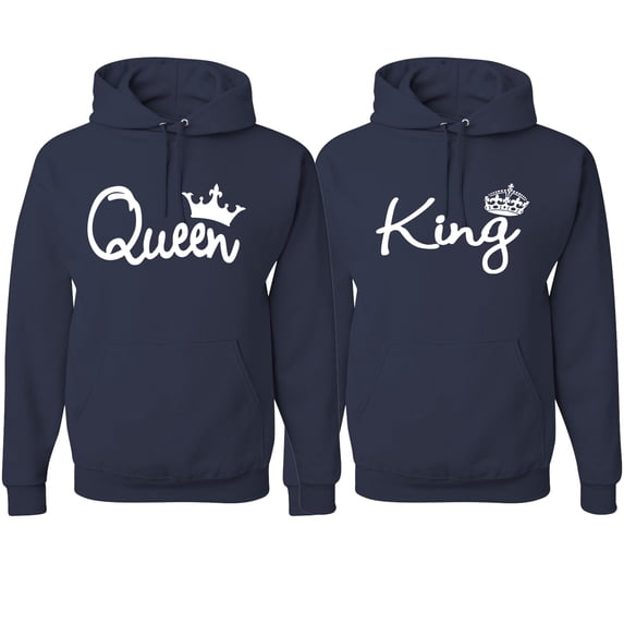 Wild Bobby, King Queen Classic Script Love Cute Wife Husband Gift His and Hers Matching Couples Hoodie Sweatshirts Set , Navy, Mens L-Womens 2XL