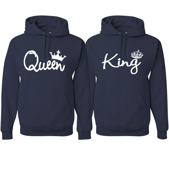 Wild Bobby, King Queen Classic Script Love Cute Wife Husband Gift His and Hers Matching Couples Hoodie Sweatshirts Set , Navy, Mens M-Womens L