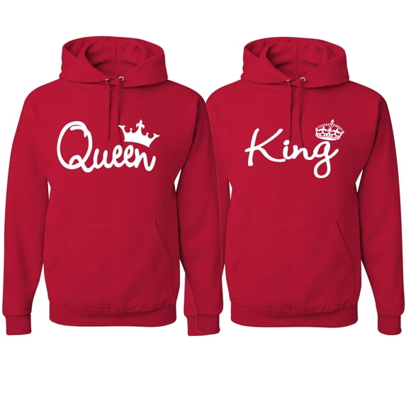 Wild Bobby, King Queen Classic Script Love Cute Wife Husband Gift His and Hers Matching Couples Hoodie Sweatshirts Set , Red, Mens L-Womens 2XL