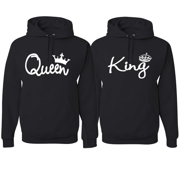 Wild Bobby, King Queen Classic Script, Matching Couples Hoodie Sweatshirts, Black, Mens 3XL-Womens L