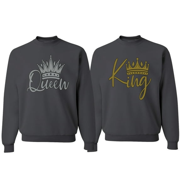 Wild Bobby, King Queen Valentines Day Outfit His and Hers Matching Couples Crewneck Sweatshirts, Charcoal, Mens 2XL-Womens XL