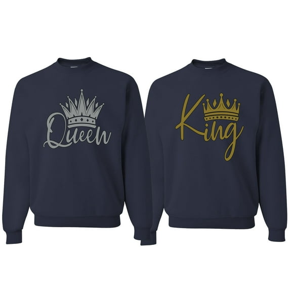Wild Bobby, King Queen Valentines Day Outfit His and Hers Matching Couples Crewneck Sweatshirts, Navy, Mens 3XL-Womens XL