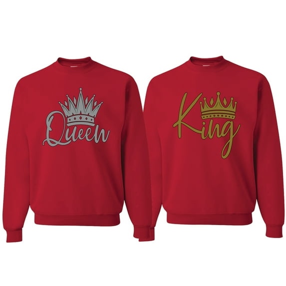 Wild Bobby, King Queen Valentines Day Outfit His and Hers Matching Couples Crewneck Sweatshirts, Red, Mens 3XL-Womens M