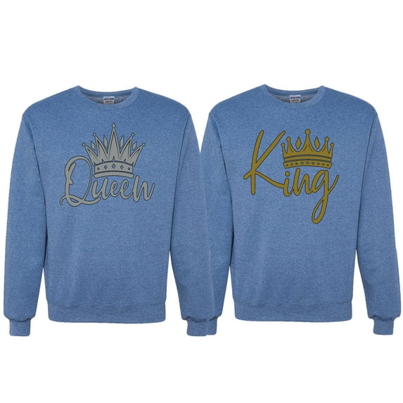 Wild Bobby, King Queen Valentines Day Outfit His and Hers Matching Couples Crewneck Sweatshirts, Vintage Heather Blue, Mens 2XL-Womens XL