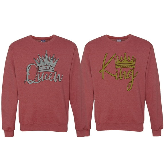 Wild Bobby, King Queen Valentines Day Outfit His and Hers Matching Couples Crewneck Sweatshirts, Vintage Heather Red, Mens 2XL-Womens M
