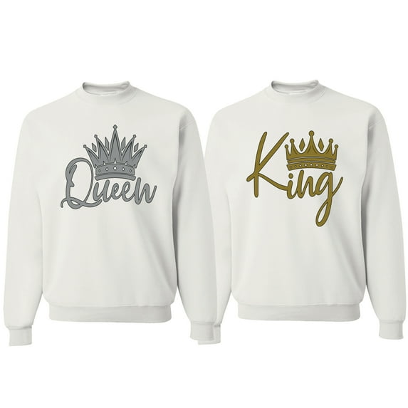 Wild Bobby, King Queen Valentines Day Outfit His and Hers Matching Couples Crewneck Sweatshirts, White, Mens M-Womens XL