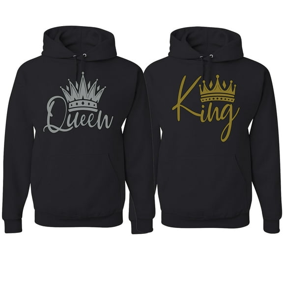 Wild Bobby, King Queen Valentines Day Outfit His and Hers Matching Couples Hoodie Sweatshirts, Black, Mens 2XL-Womens L