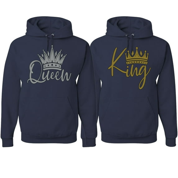 Wild Bobby, King Queen Valentines Day Outfit His and Hers Matching Couples Hoodie Sweatshirts, Navy, Mens 2XL-Womens S
