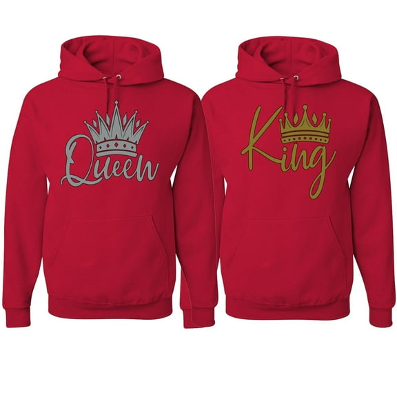 Wild Bobby, King Queen Valentines Day Outfit His and Hers Matching Couples Hoodie Sweatshirts, Red, Mens L-Womens M