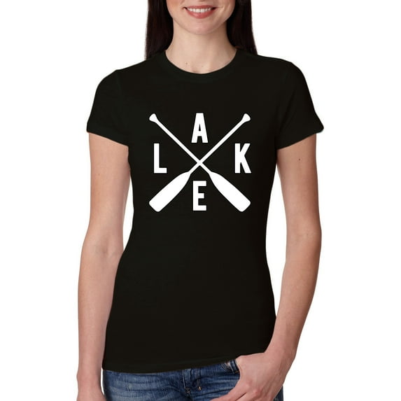 Wild Bobby, Lake Cross Paddles, Women Slim Fit Junior Tee, Black, X-Large