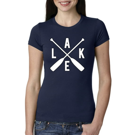 Wild Bobby, Lake Cross Paddles, Women Slim Fit Junior Tee, Navy, Small