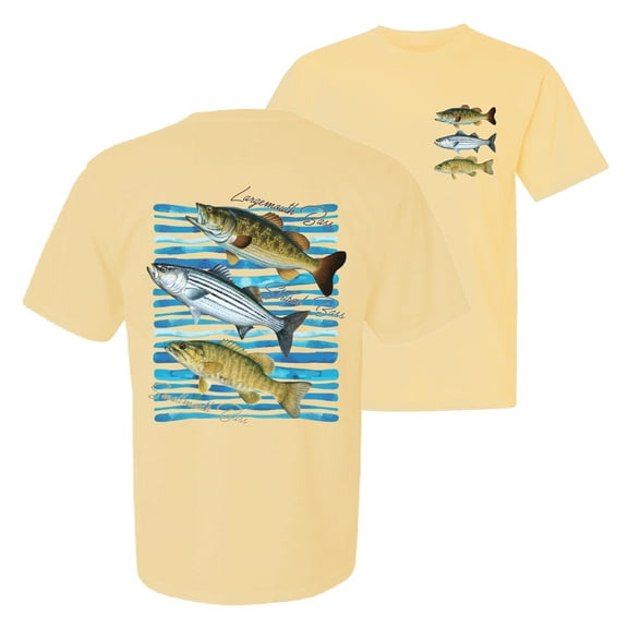 Wild Bobby, Largemouth Striped Smallmouth Big Bass Fish, Fishing, Front and Back Garment-Dyed Short Sleeve Tees, Banana, Small