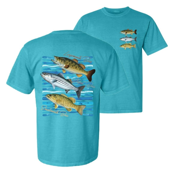 Wild Bobby, Largemouth Striped Smallmouth Big Bass Fish, Fishing, Front and Back Garment-Dyed Short Sleeve Tees, Blue Lagoon, Small