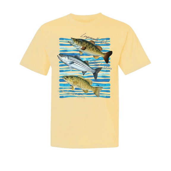 Wild Bobby, Largemouth Striped Smallmouth Big Bass, Fish, Garment-Dyed Washed Look Short Sleeve Tees, Banana, Large
