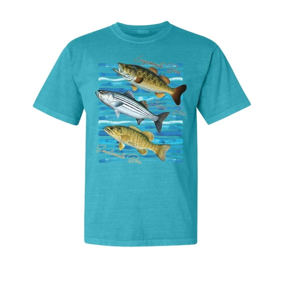 Wild Bobby, Largemouth Striped Smallmouth Big Bass, Fish, Garment-Dyed Washed Look Short Sleeve Tees, Blue Lagoon, Small