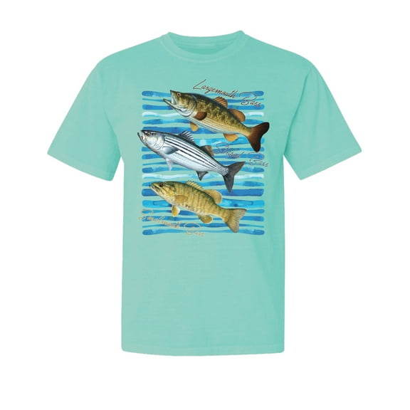 Wild Bobby, Largemouth Striped Smallmouth Big Bass, Fish, Garment-Dyed Washed Look Short Sleeve Tees, Mint, Small