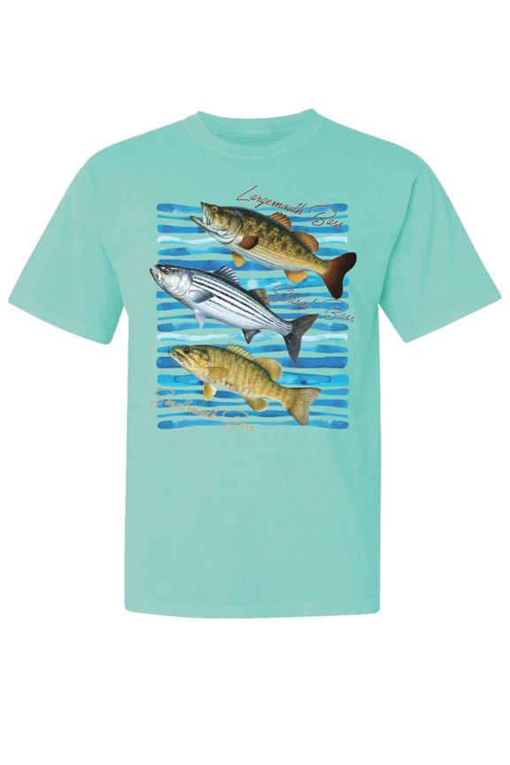 , Largemouth Striped Smallmouth Big Bass, Fish, Garment-Dyed Washed Look Short Sleeve Tees, Mint, Small