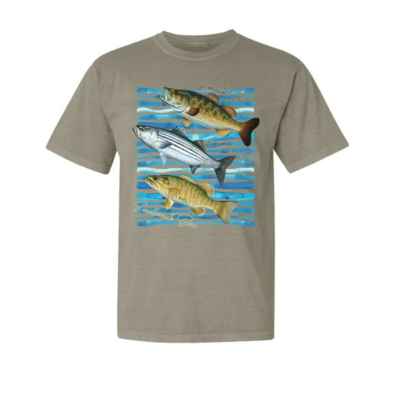 Wild Bobby, Largemouth Striped Smallmouth Big Bass, Fish, Garment-Dyed Washed Look Short Sleeve Tees, Sand, 2XL