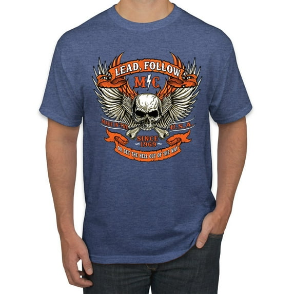 Wild Bobby, Lead Follow or Get The Hell Out Of The Way MC 1969 Motorcycle Pop Culture Men's Graphic T-Shirt, Vintage Heather Blue, Medium