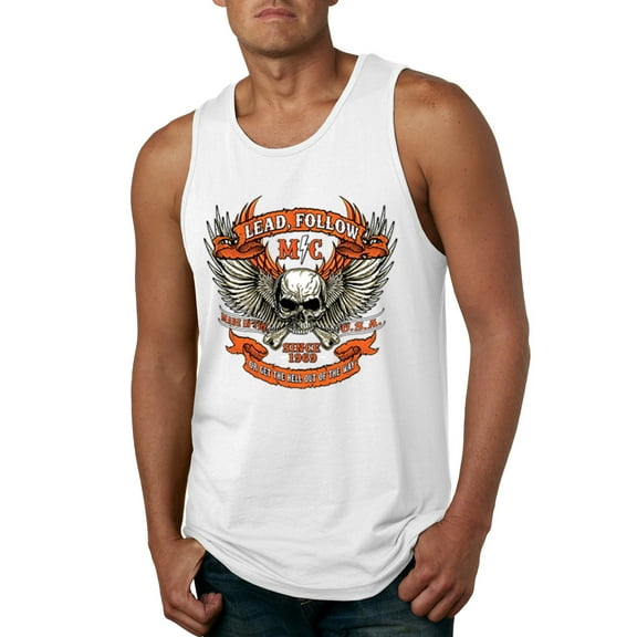 Wild Bobby, Lead Follow or Get The Hell Out Of The Way MC 1969 Motorcycle Pop Culture Mens Graphic Tank Top, White, 3XL