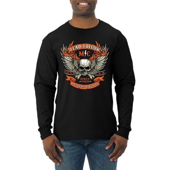 Wild Bobby, Lead Follow or Get The Hell Out Of The Way MC 1969 Motorcycle Pop Culture Mens Long Sleeve Shirt, Black, Small